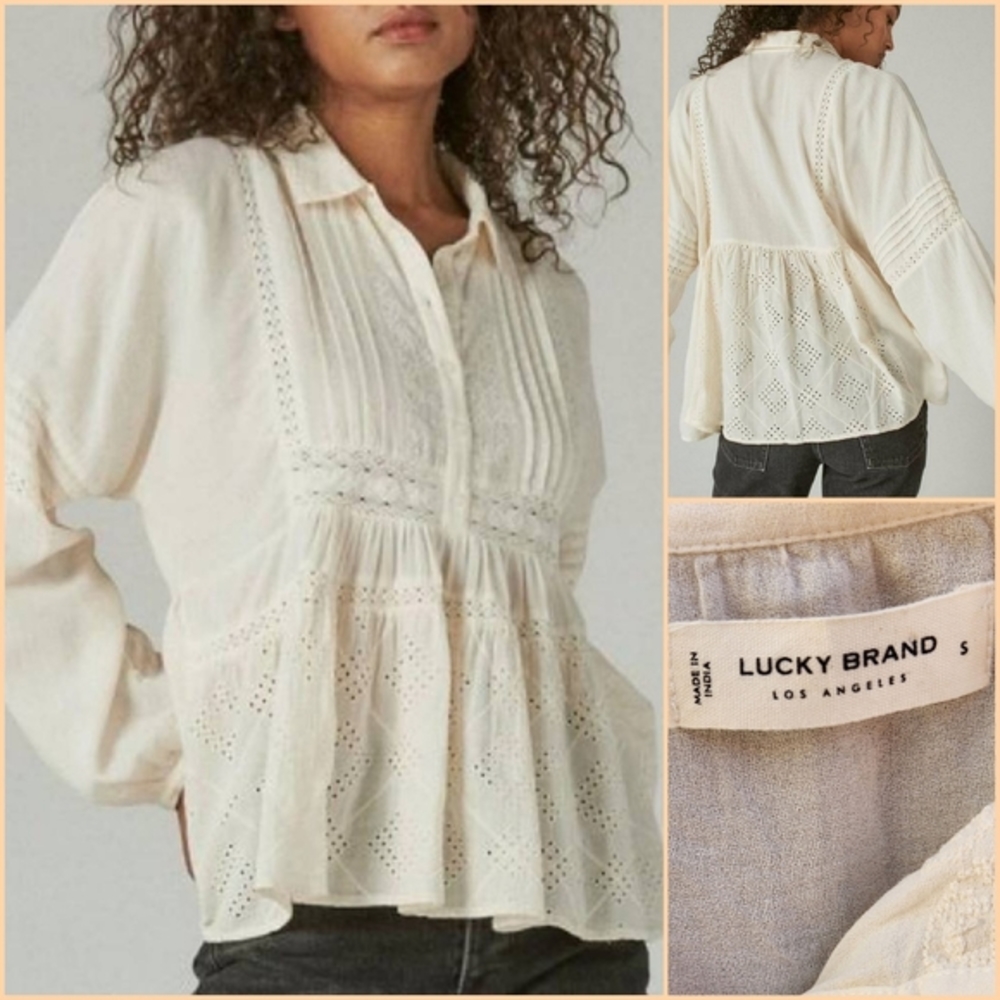 LUCKY BRAND EMBROIDERED LONG SLEEVE BUTTON DOWN TOP‎